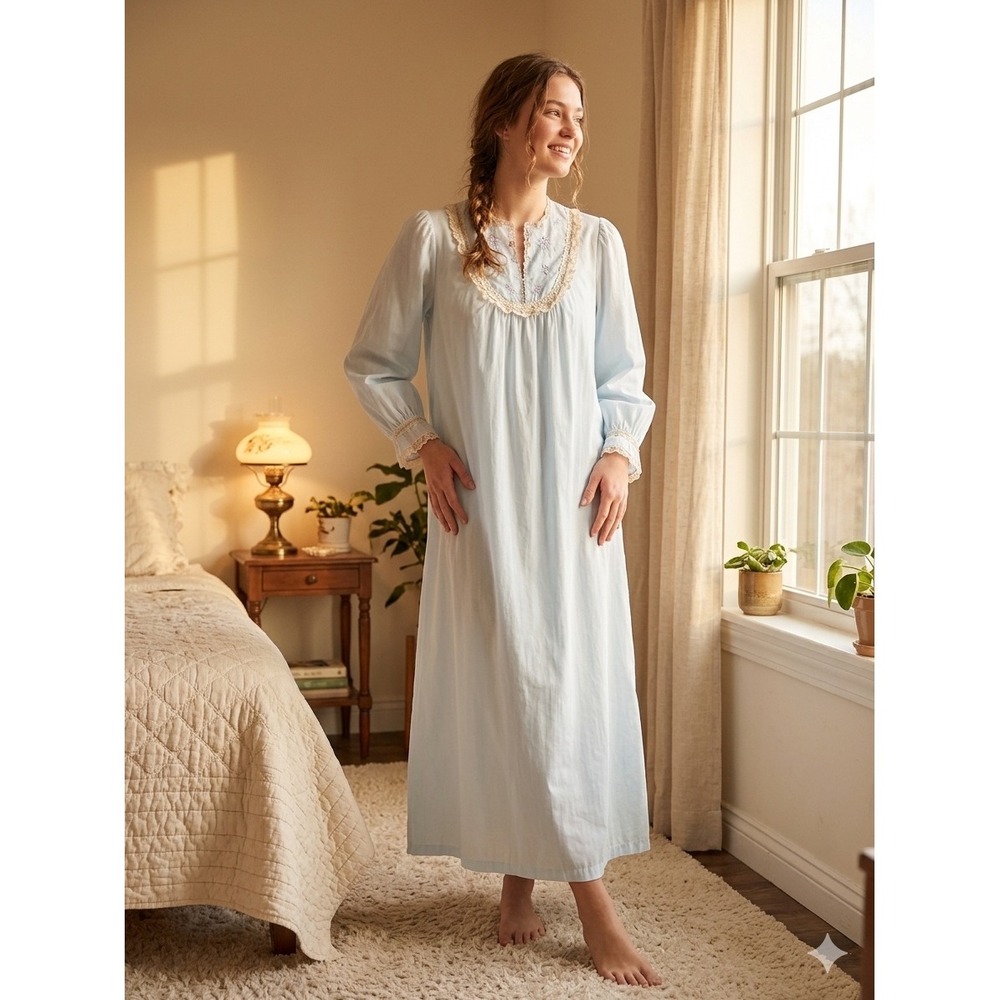 Vtg Barbizon Floral Maxi Nightgown M Blue Lace Embroidered Cottage Grandmacore